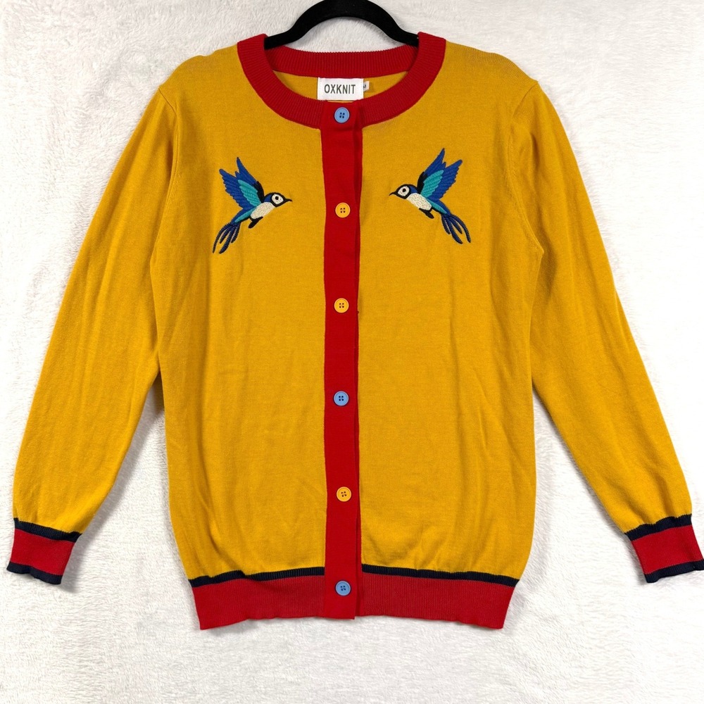 OXKNIT M Yellow Embroidered Bird Cardigan 100% Cotton Whimsy Maximalist Teacher